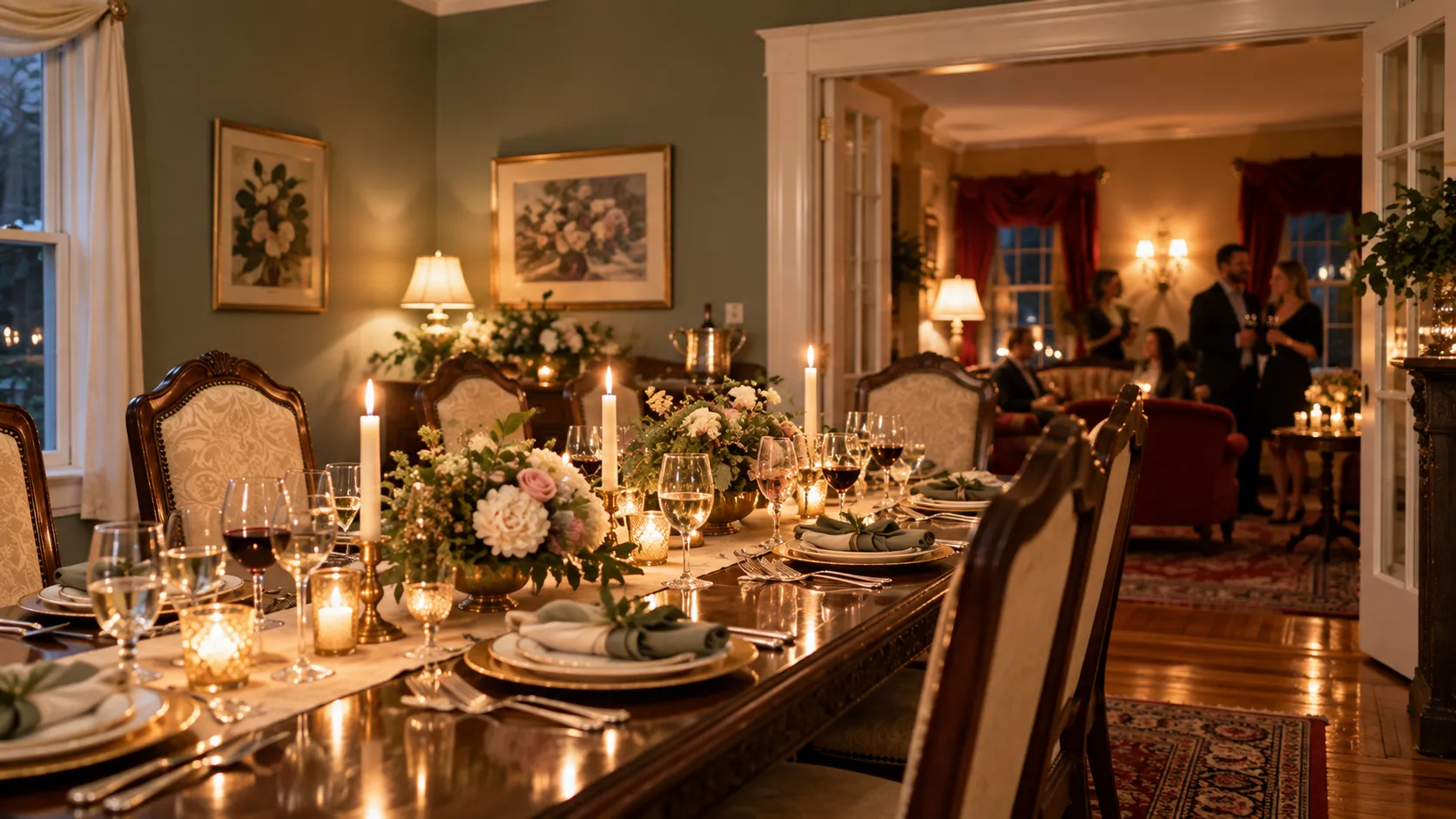 Rehearsal dinner guests sharing drinks and conversation in a warmly lit Victorian parlor.
