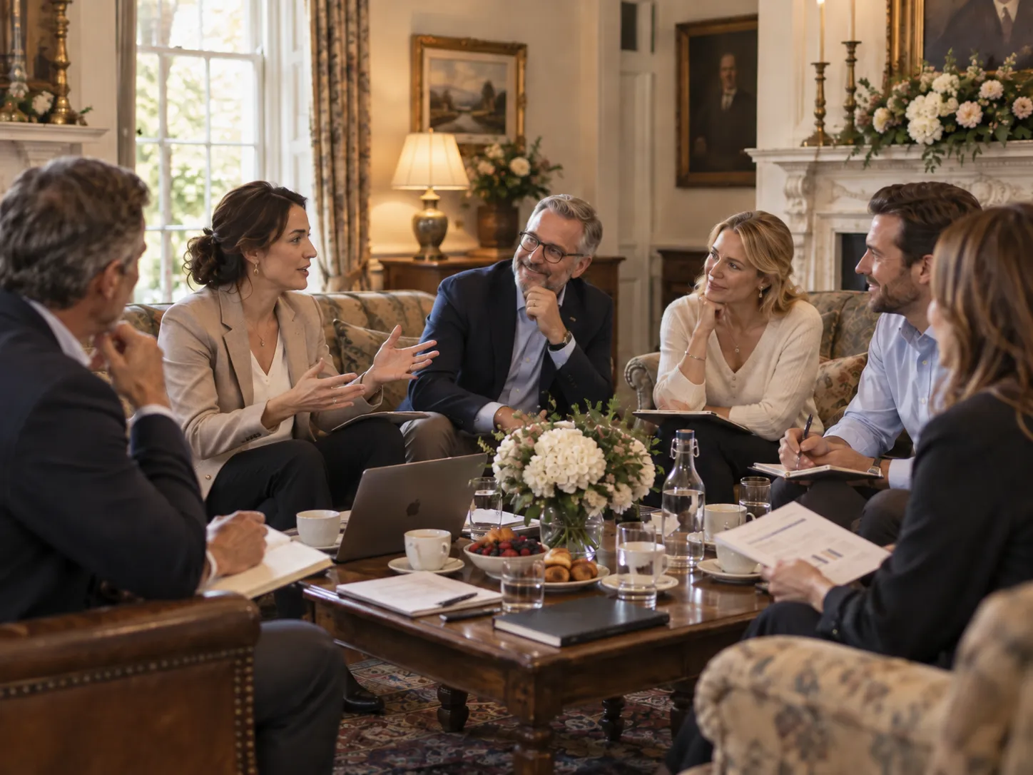 Team members holding a discussion around a conference table in a historic dining room.