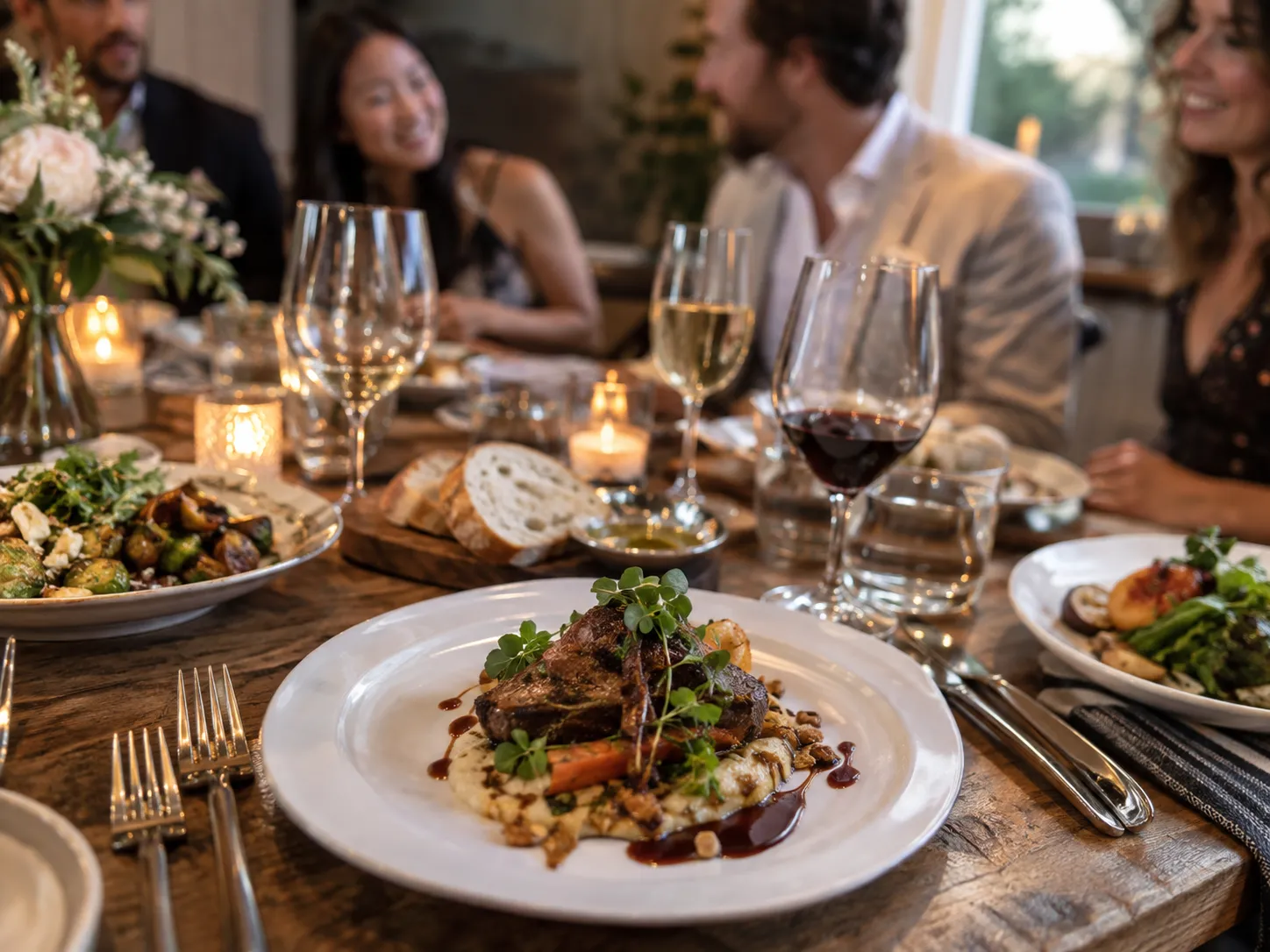 Guests enjoying a plated dinner with wine, roasted vegetables, bread, and candlelight around a shared table.