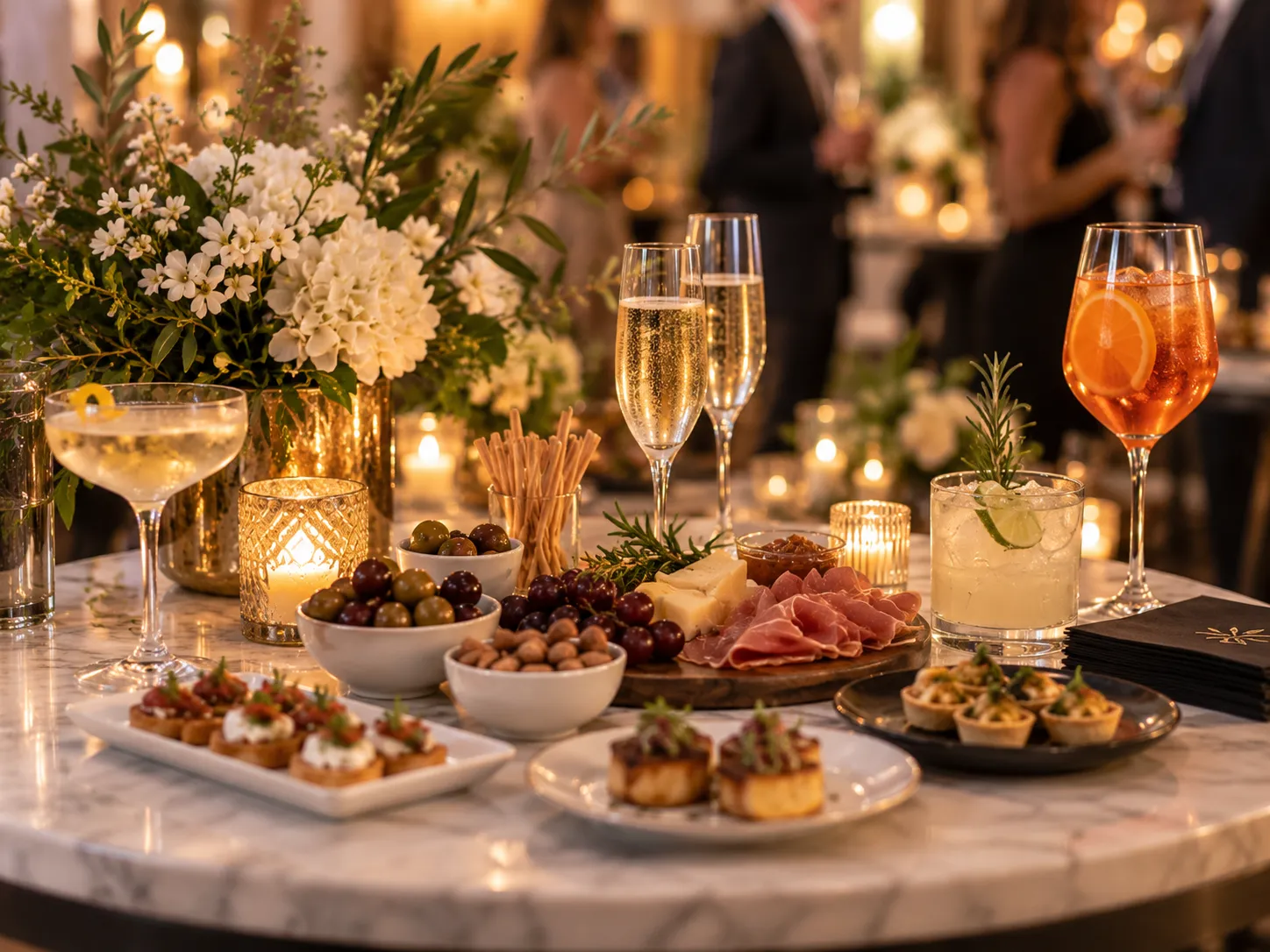 Guests mingling with drinks and appetizers at an evening cocktail party in a historic parlor.