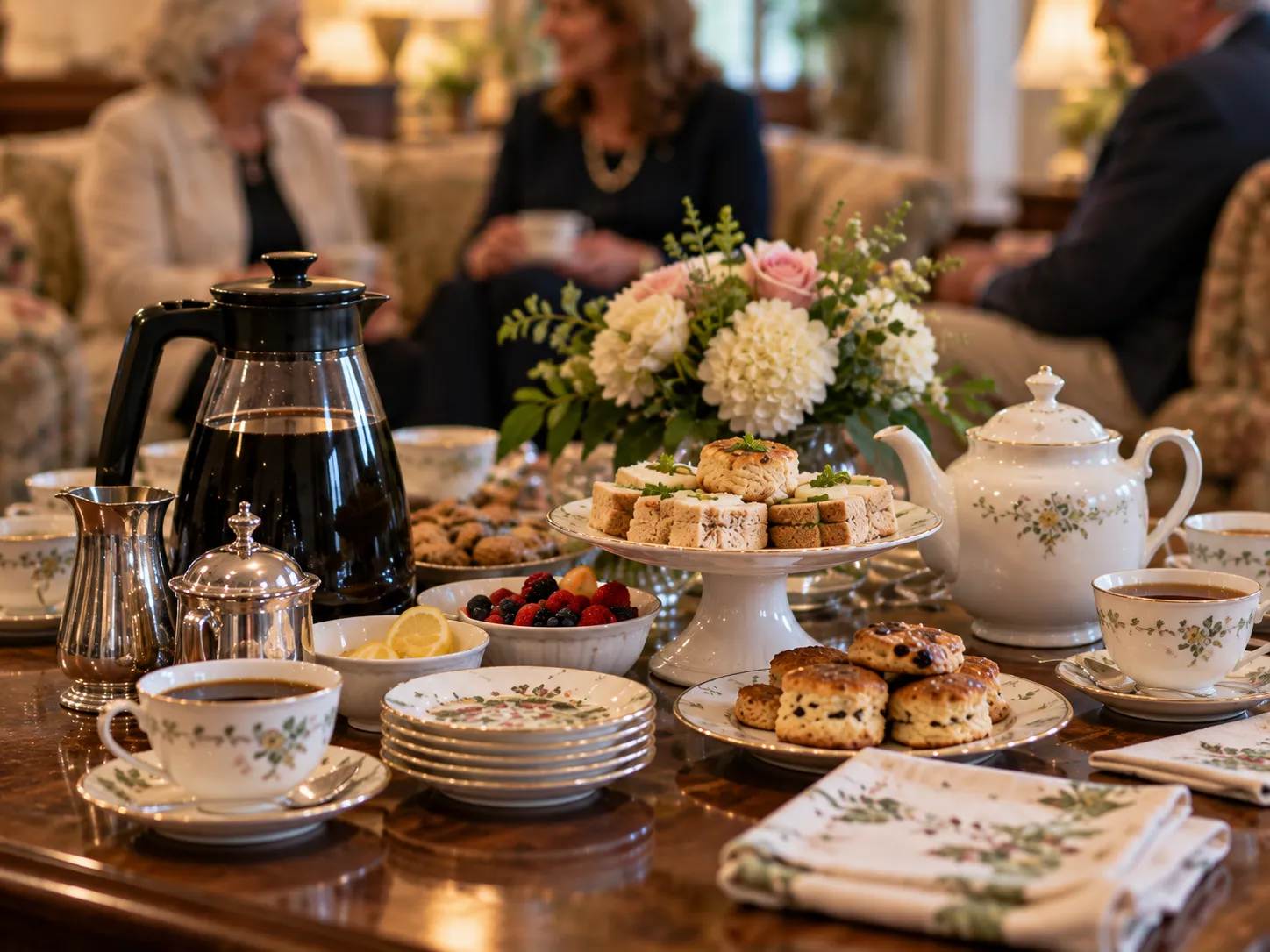 Family and friends sharing a meal during a celebration of life in a historic dining room.