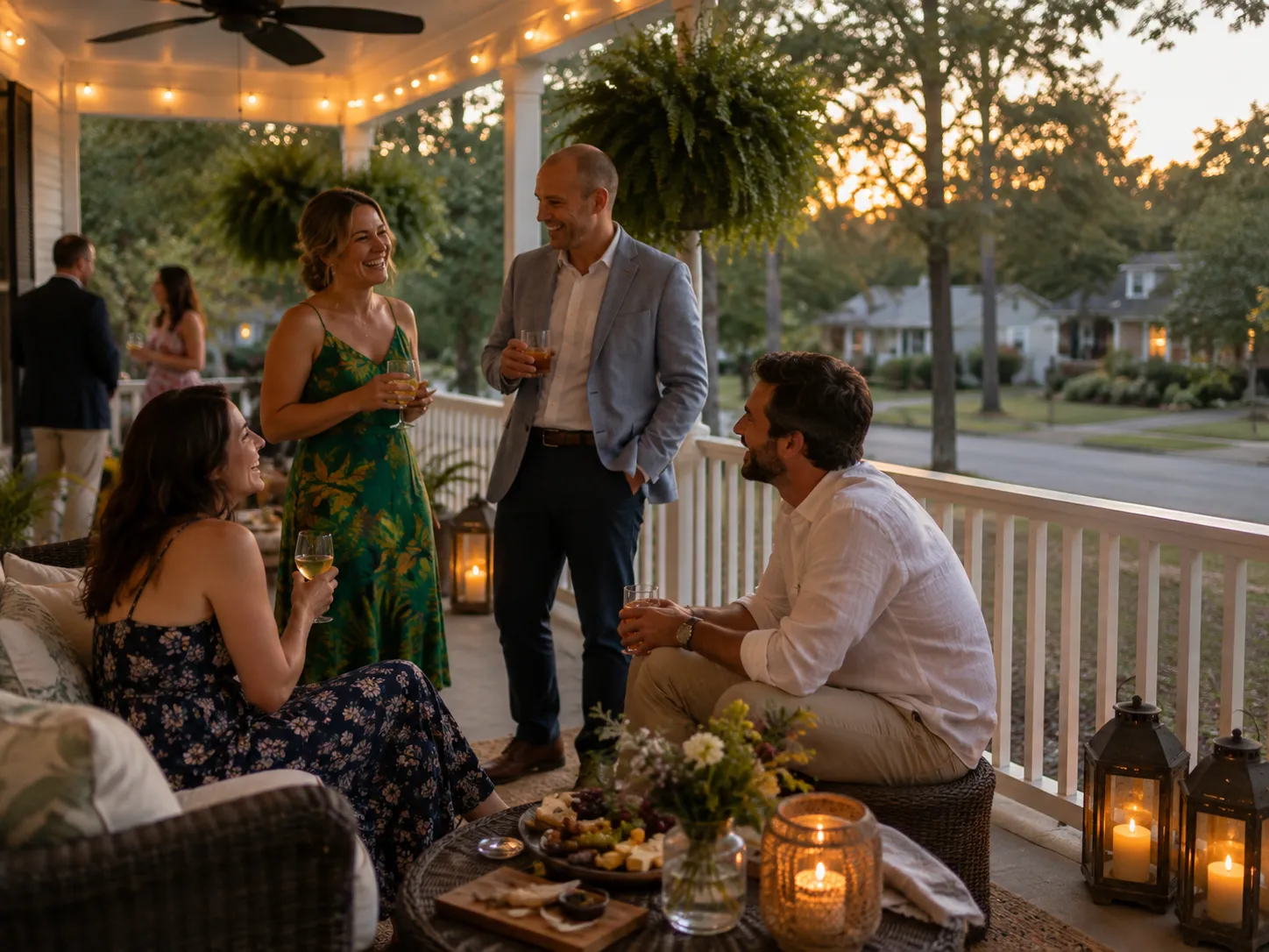 Guests enjoying drinks and conversation on The Magnolia Inn porch at sunset.