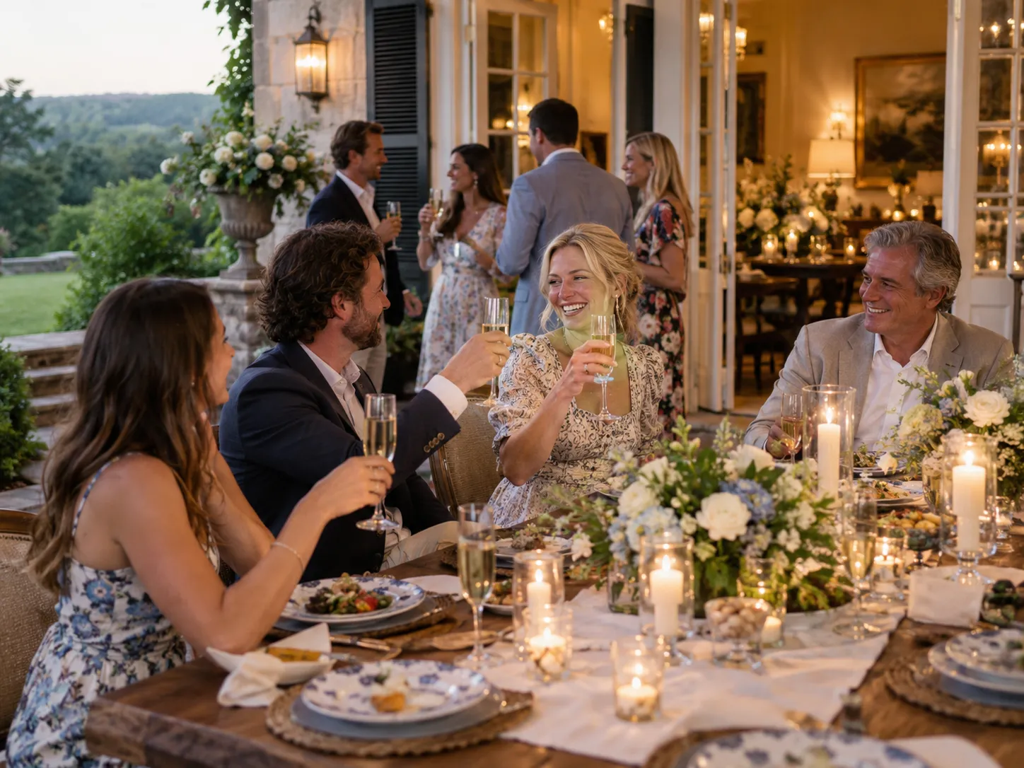 Guests enjoying drinks and conversation beside the fireplace during a private estate gathering.