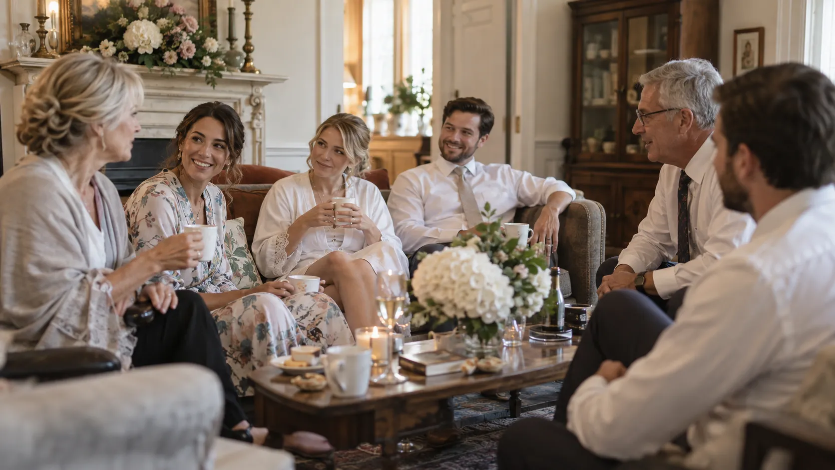 A group of five people sit in a cozy living room, smiling and chatting. A coffee table with flowers is in the center, and soft, natural light fills the space.